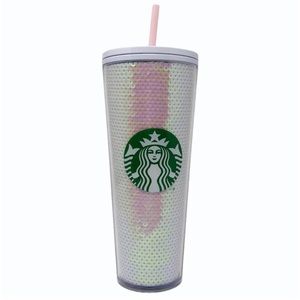 Starbucks 2020 holiday exclusive sequined white pink cold tumbler straw 24 oz